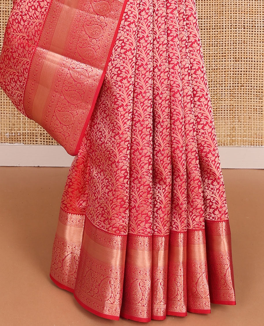Red jacquard wedding silk saree, intricately zari-woven pallu & zari border of rekku,muthu,paisa,kodi visiry & manga design