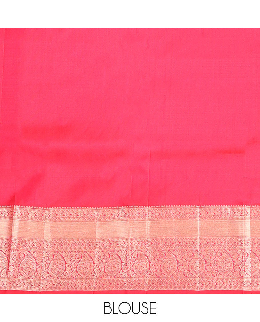 Red jacquard wedding silk saree, intricately zari-woven pallu & zari border of rekku,muthu,paisa,kodi visiry & manga design
