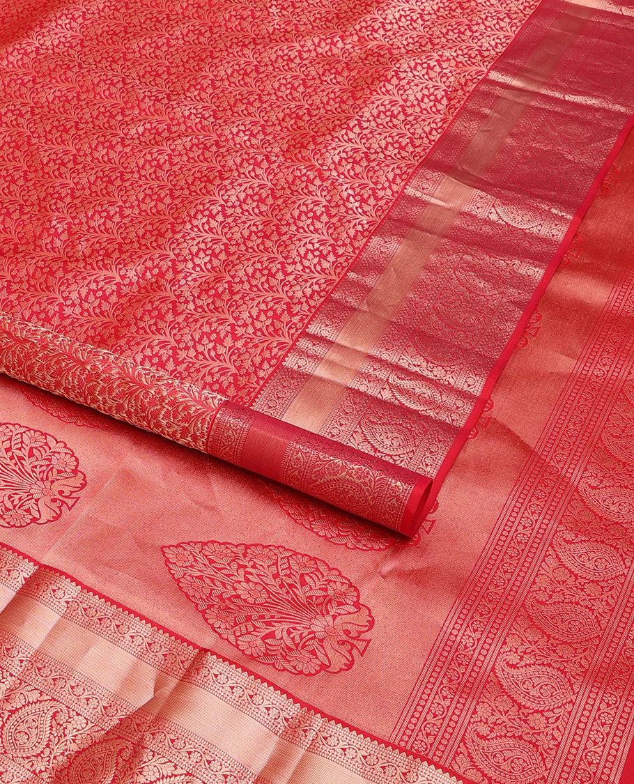 Red jacquard wedding silk saree, intricately zari-woven pallu & zari border of rekku,muthu,paisa,kodi visiry & manga design