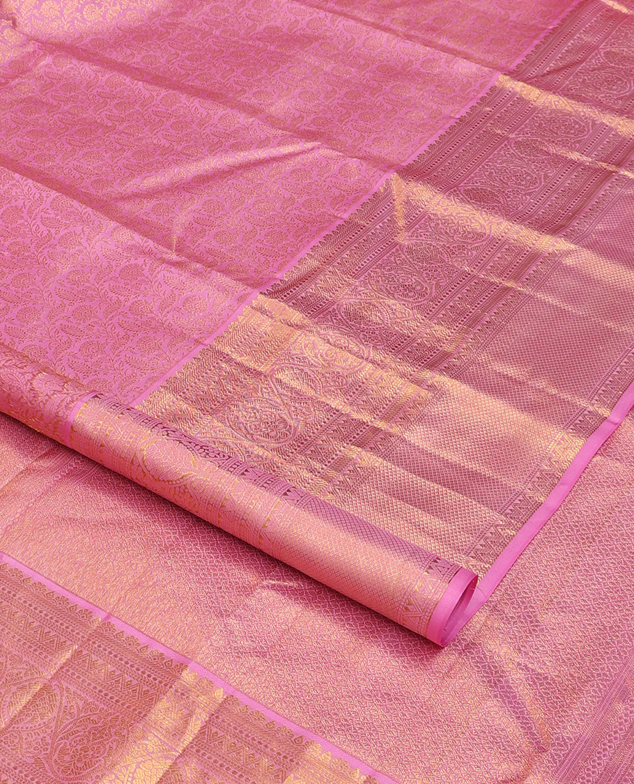 Pink jacquard wedding silk saree, traditional zari design border, and floral zari design pallu