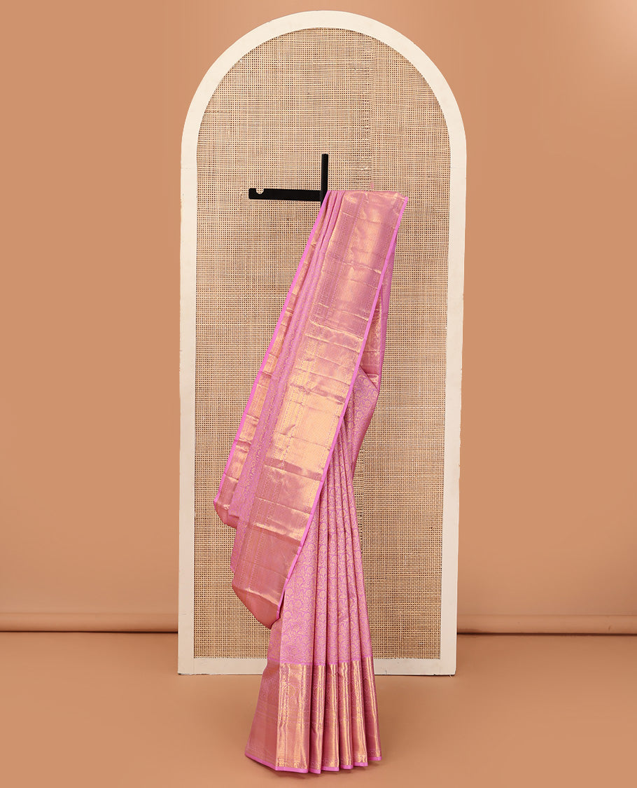 Pink jacquard wedding silk saree, traditional zari design border, and floral zari design pallu