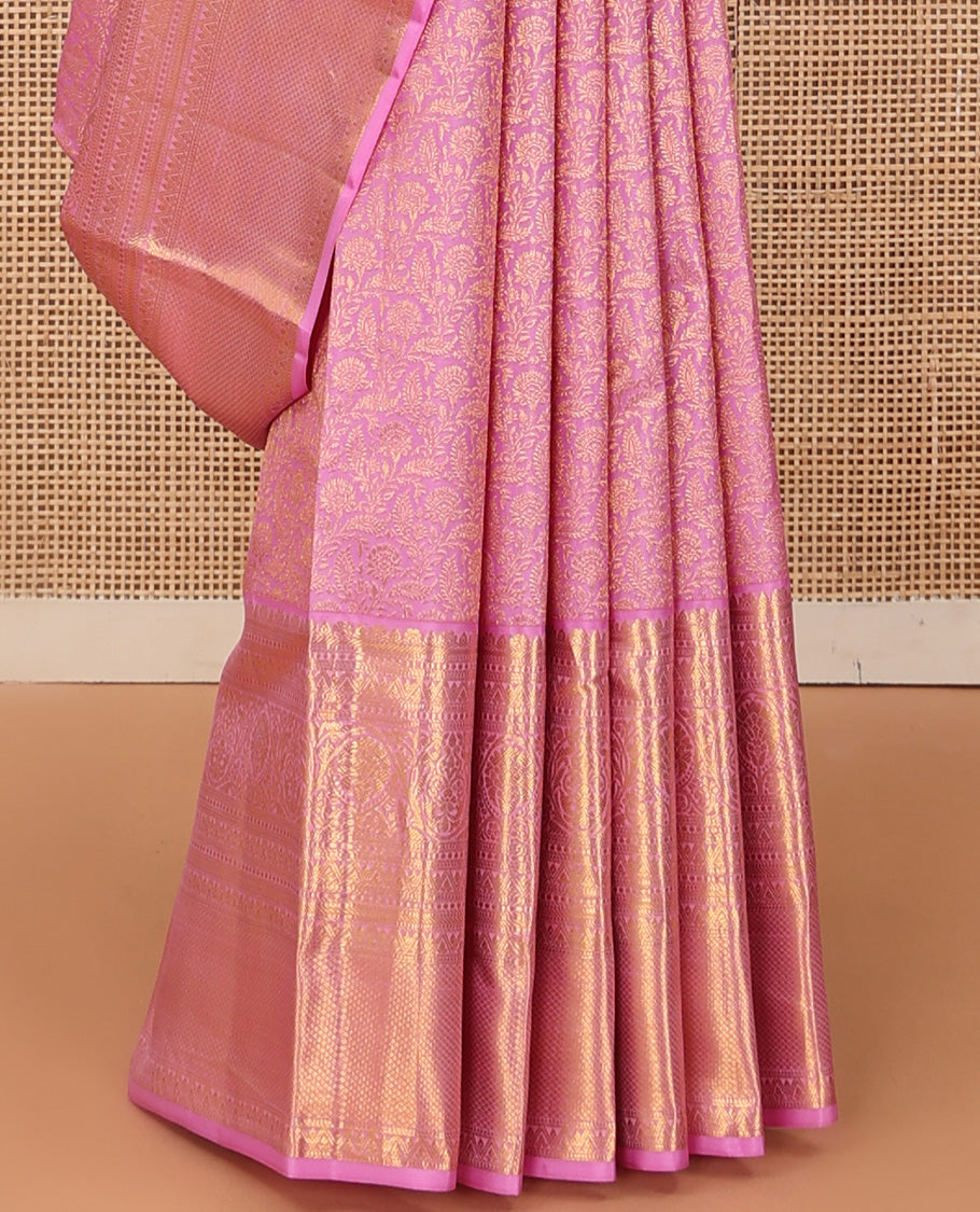 Pink jacquard wedding silk saree, traditional zari design border, and floral zari design pallu