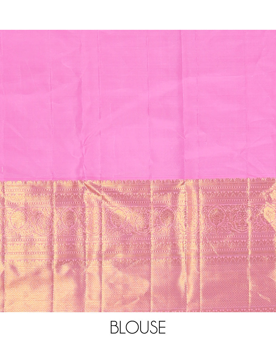 Pink jacquard wedding silk saree, traditional zari design border, and floral zari design pallu