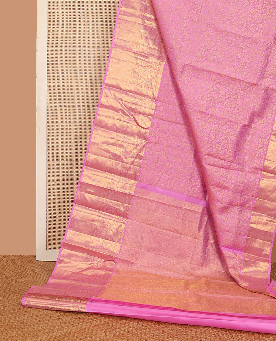 Pink jacquard wedding silk saree, traditional zari design border, and floral zari design pallu