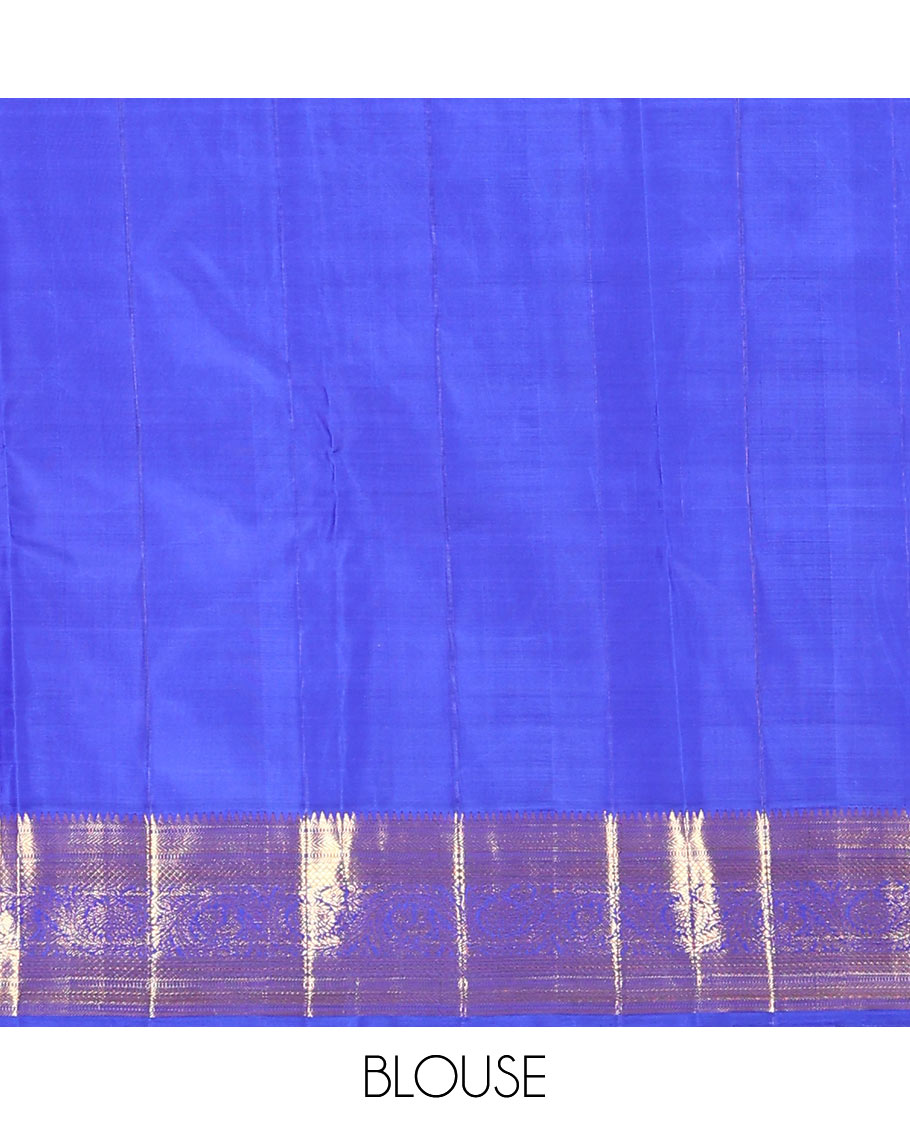 Royal blue jacquard kanchipuram silk saree, zari border of thazampoo rekku, muthu, kathir, kuyil kann, and dhavana kodi designs, and intricate pallu