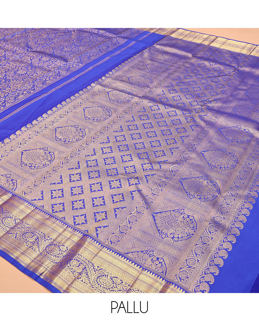 Royal blue jacquard kanchipuram silk saree, zari border of thazampoo rekku, muthu, kathir, kuyil kann, and dhavana kodi designs, and intricate pallu