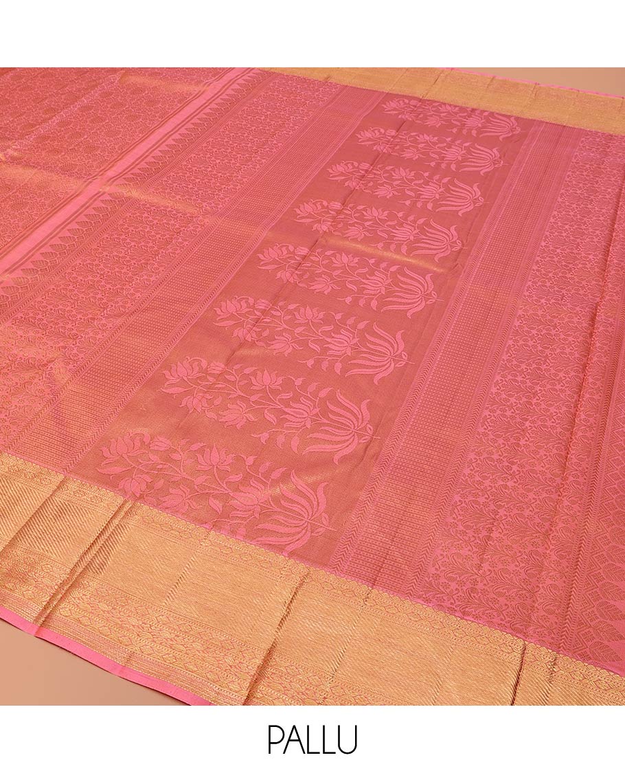 Pink Wedding Silk Saree, Elevated with Jacquard Design On Its Body, Highlighted by Zari Border of Laddu Kamalam, And Kodi Manga Designs, Grand Pallu and Paired with a Matching Blouse