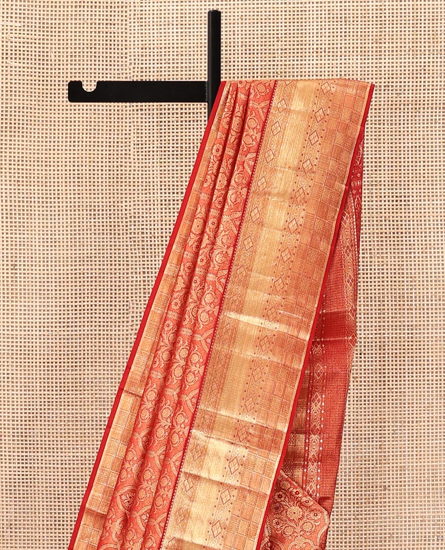 Red Kanchipuram Wedding Silk Saree, Enriched with Jacquard Designs on Its Body, Highlighted by Zari Border of Rekku, Diamond, and Mayil Kann Designs, Pallu of Intricate Designs, and Paired with a Matching Blouse