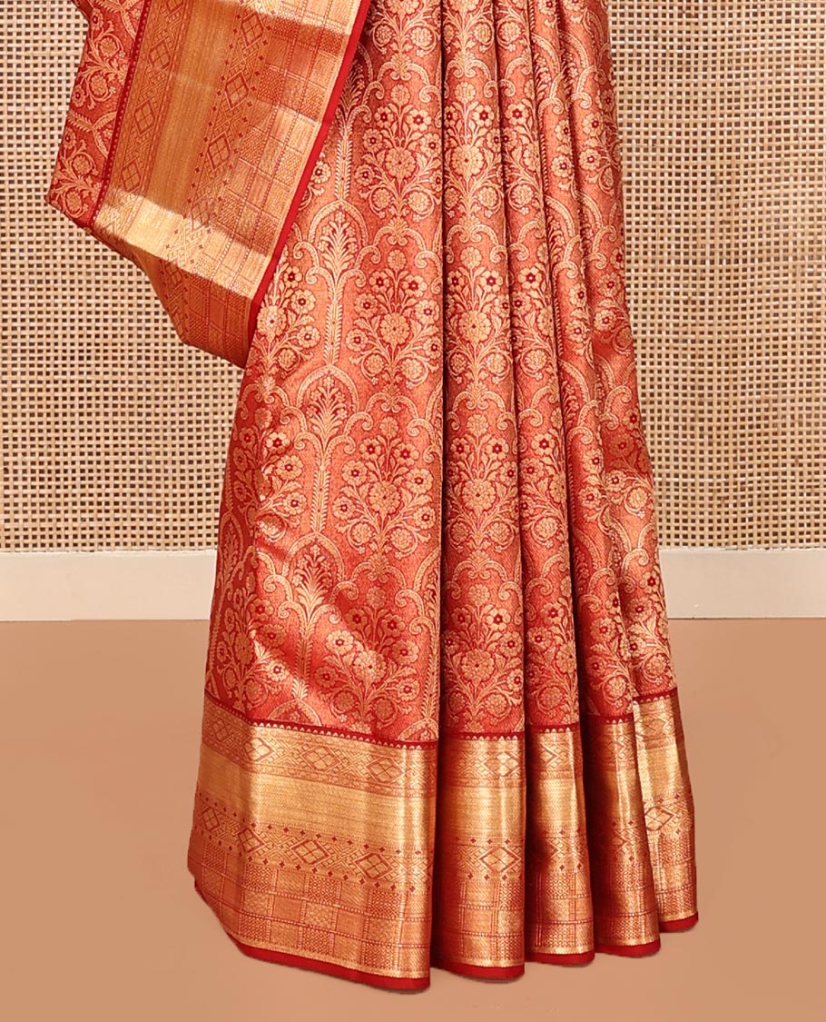 Red Kanchipuram Wedding Silk Saree, Enriched with Jacquard Designs on Its Body, Highlighted by Zari Border of Rekku, Diamond, and Mayil Kann Designs, Pallu of Intricate Designs, and Paired with a Matching Blouse