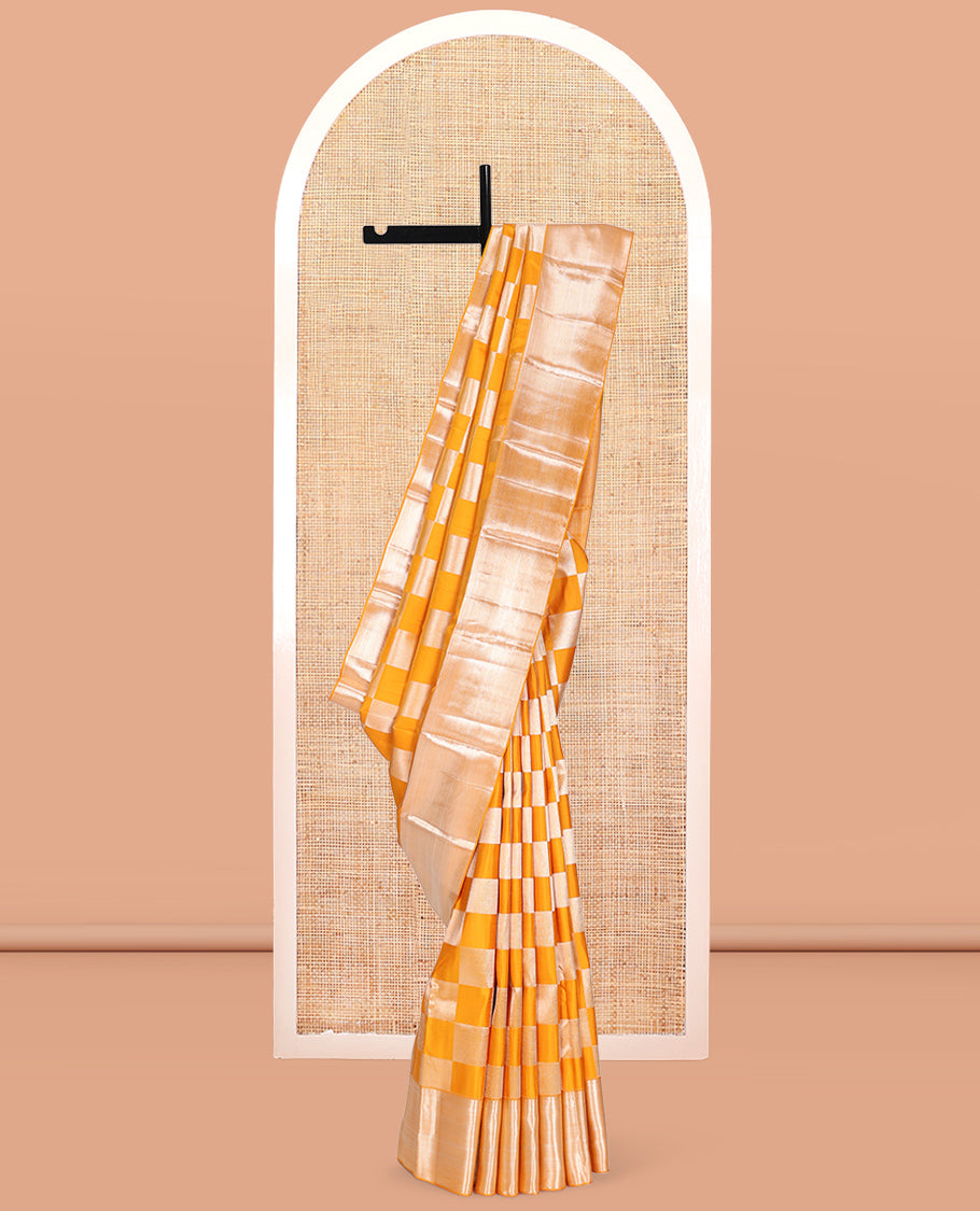 Yellow Checked Kanchipuram Wedding Silk Saree, Highlighted by a Zari Border, Intricately Designed Pallu, and Matching Blouse