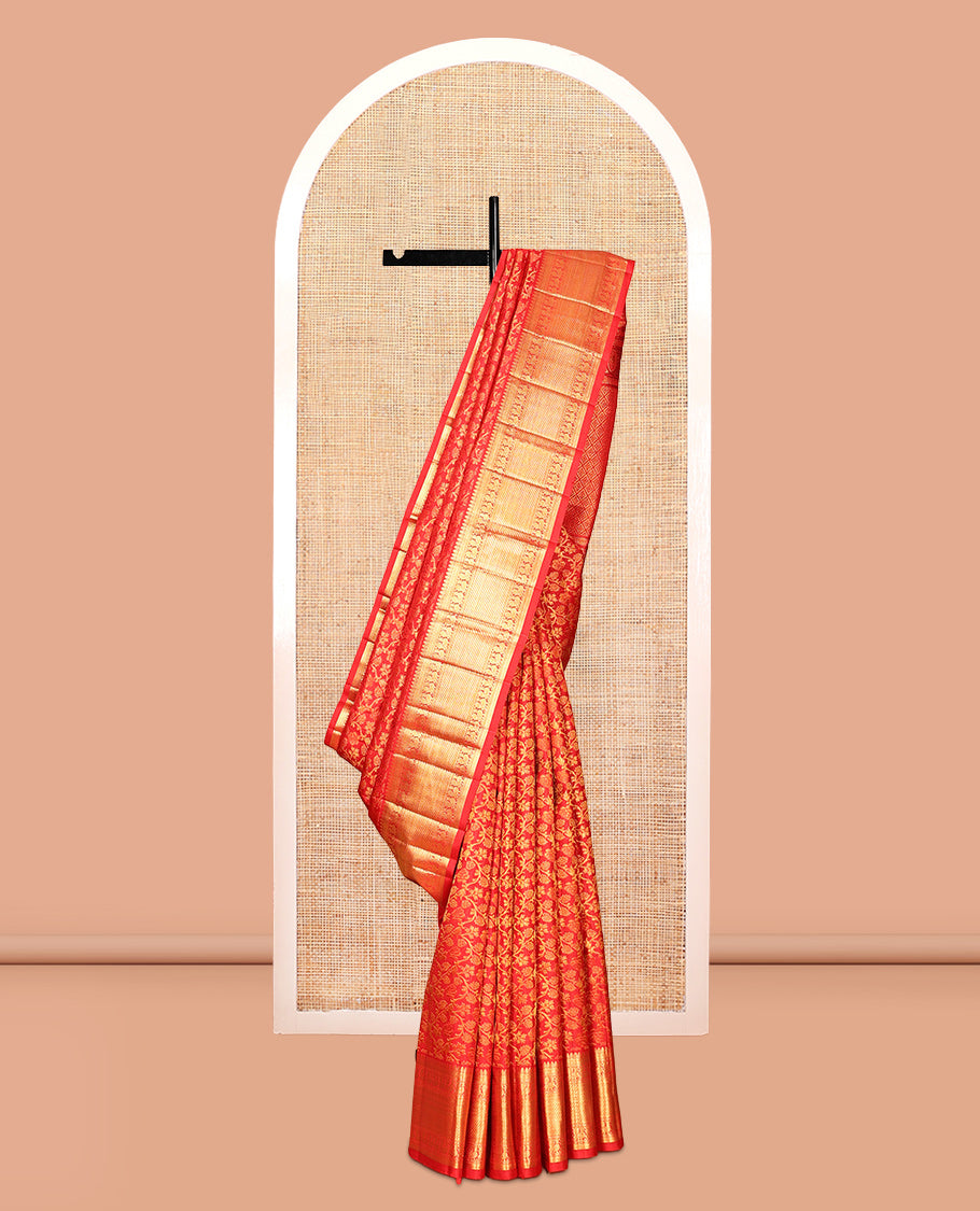 Red Kanchipuram Wedding Silk Saree, Spotlighted with Jacquard Design, Zari Border of Thilakam Mokku, Kathir, and Mayil Designs, Grand Jaal Pallu, and a Matching Blouse