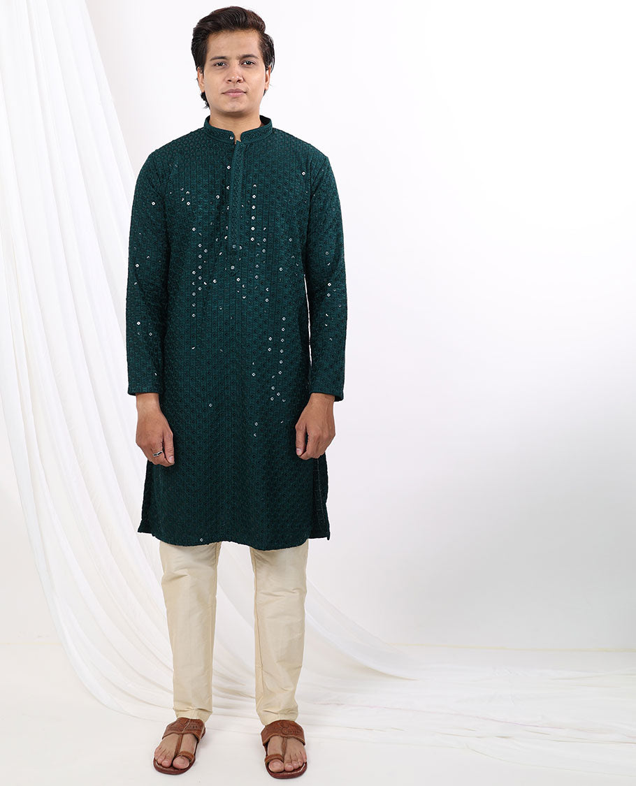 Bottle green geometric embroidery with sequins work mandarin collar & full-sleeve long raw silk kurta