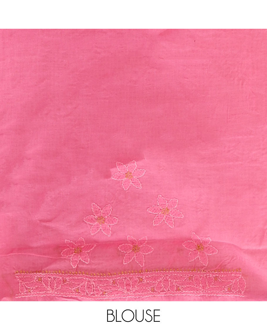 Pink floral thread embroidery chikankari cotton saree with self embroidery border