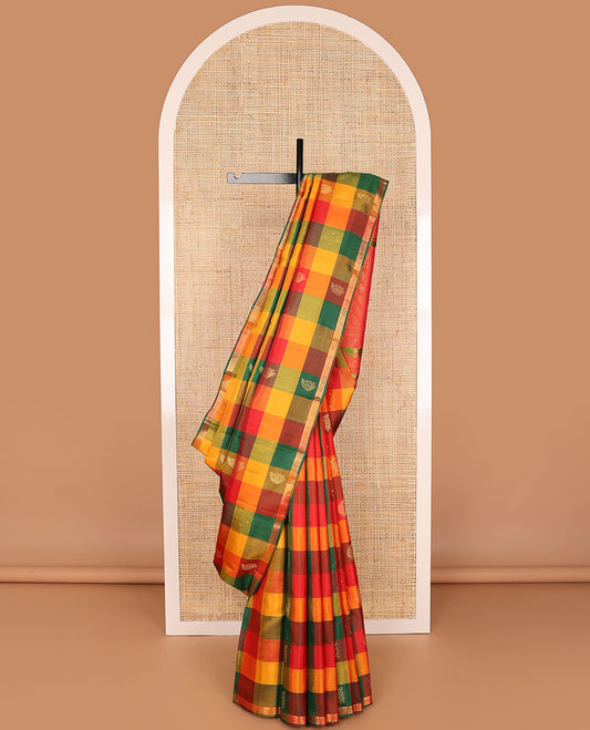 Multi-color checked, buttas kancheepuram silk saree with self zari design border & floral design pallu