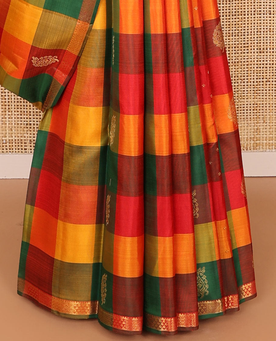 Multi-color checked, buttas kancheepuram silk saree with self zari design border & floral design pallu