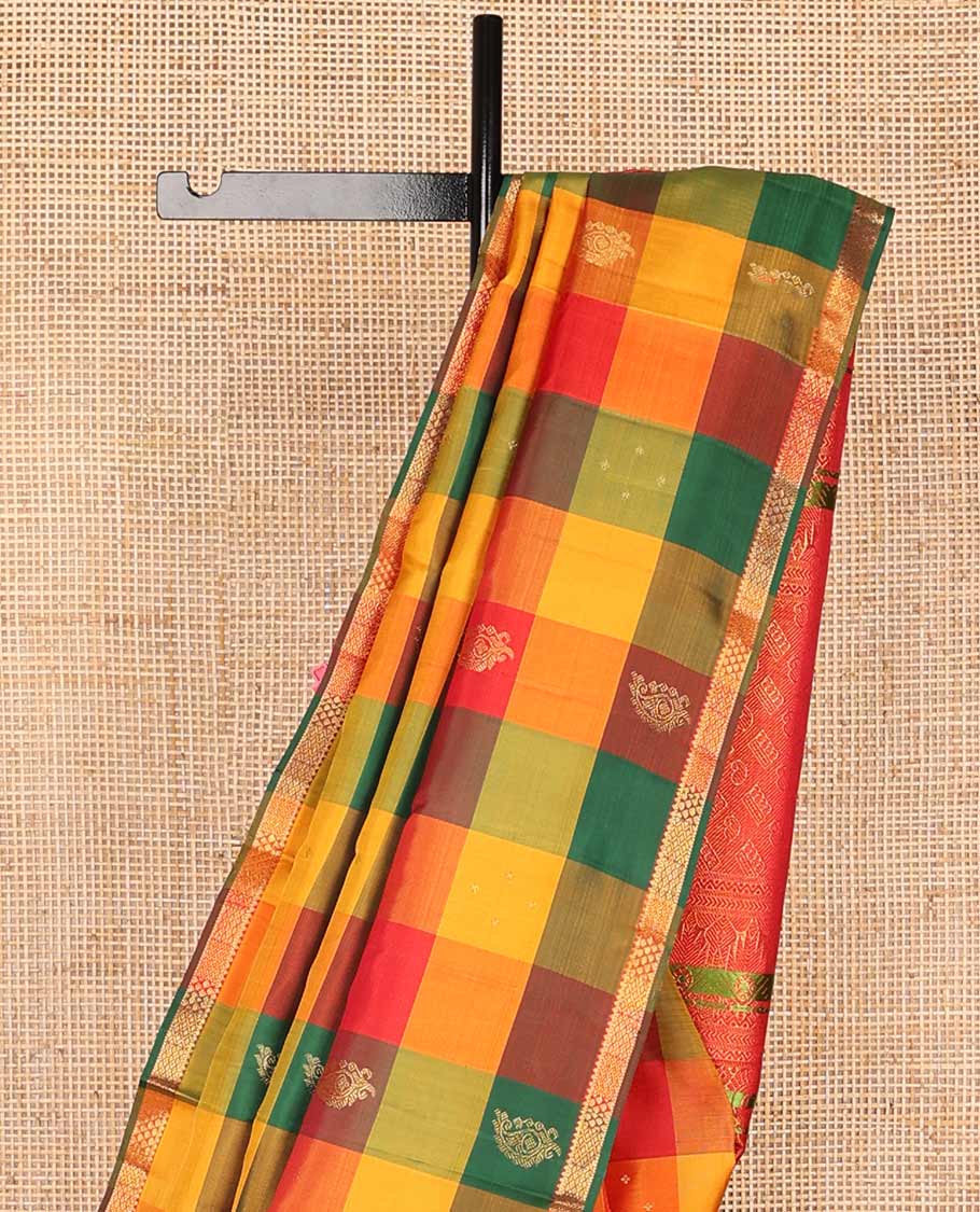 Multi-color checked, buttas kancheepuram silk saree with self zari design border & floral design pallu