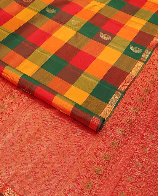 Multi-color checked, buttas kancheepuram silk saree with self zari design border & floral design pallu