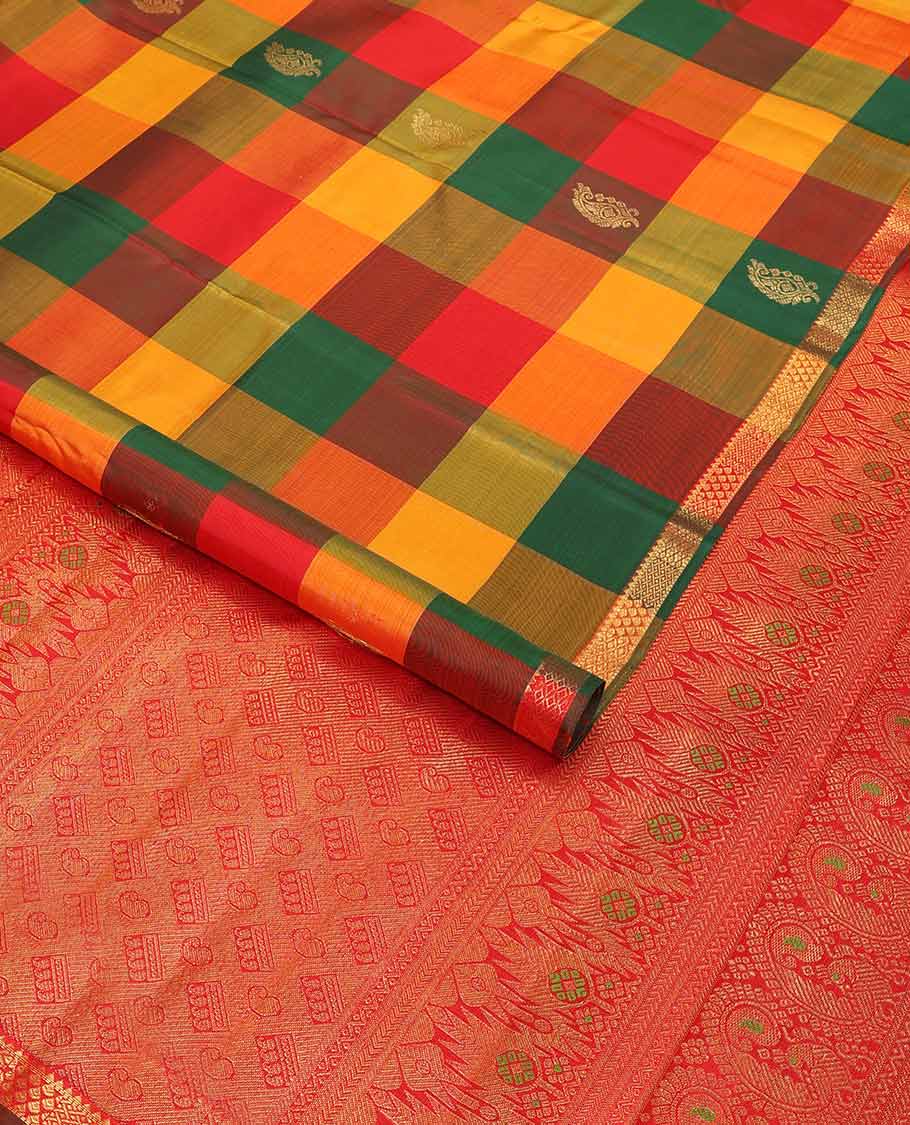 Multi-color checked, buttas kancheepuram silk saree with self zari design border & floral design pallu