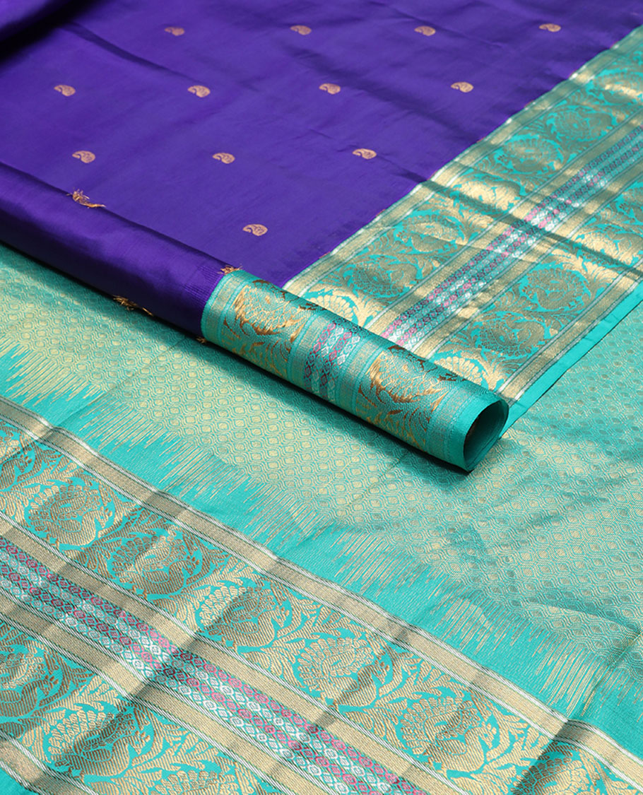 Blue manga butta silk saree with contrast korvai zari design border & intricate zari design pallu