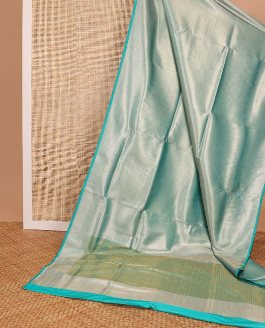 Sky blue striped softy saree with self chevron design border & striped pallu