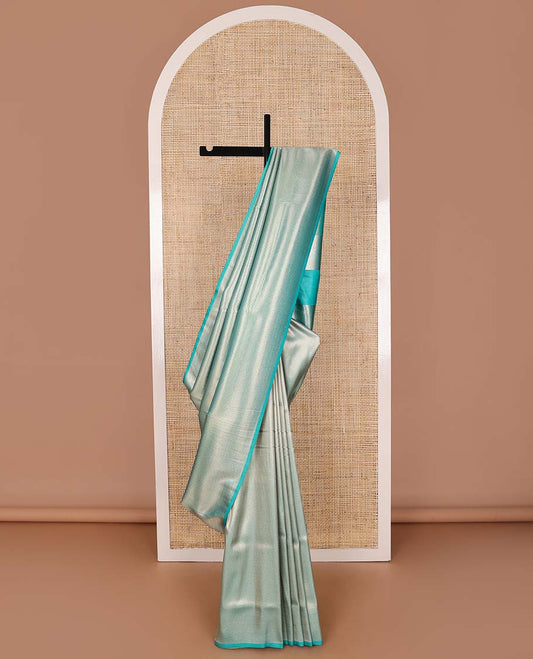 Sky blue striped softy saree with self chevron design border & striped pallu