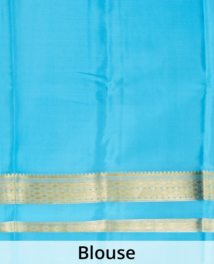 Navy Blue Plain Mysore Silk Saree, Delicately Woven by a Contrast Rettai Pettu Border of Traditional Zari Designs, a Subtly Sparkled Pallu of Zari Stripes, and a Contrast Blouse