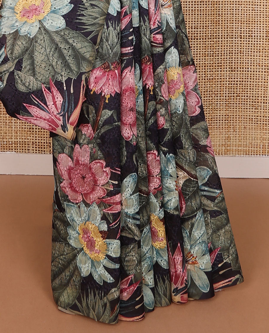 Borderless black floral design, thread embroidery kamala silk saree with contrast plain blouse