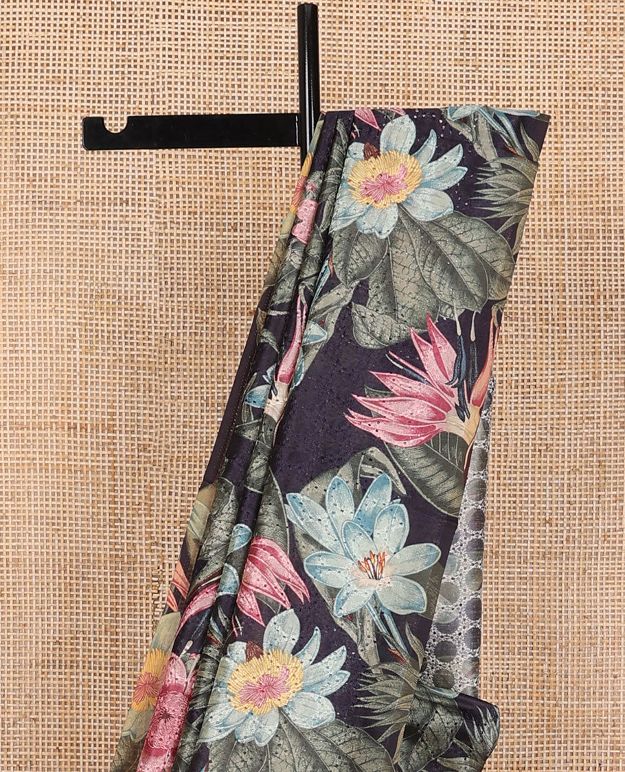 Borderless black floral design, thread embroidery kamala silk saree with contrast plain blouse