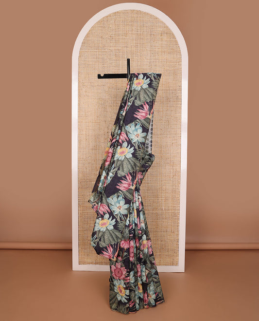 Borderless black floral design, thread embroidery kamala silk saree with contrast plain blouse