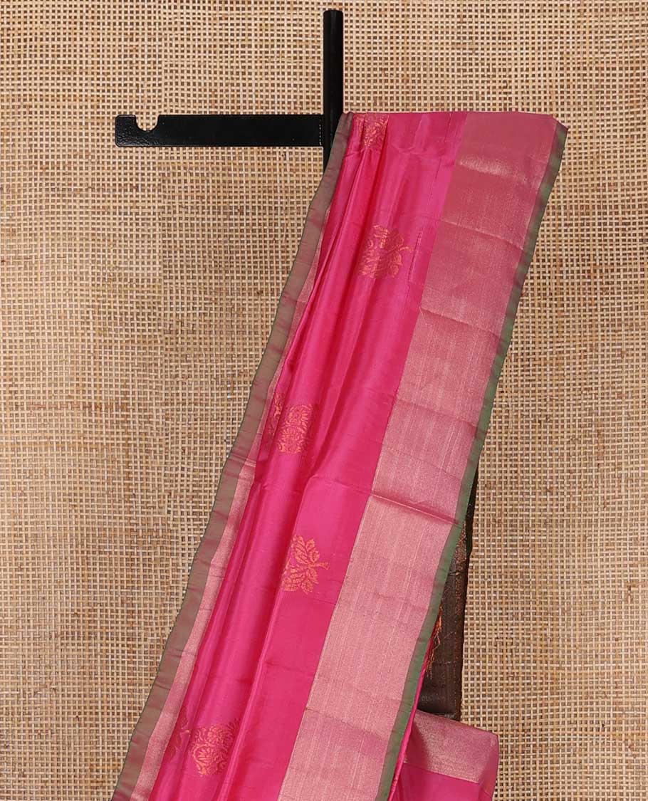 Pink floral motifs uppada saree with contrast zari border & floral design pallu