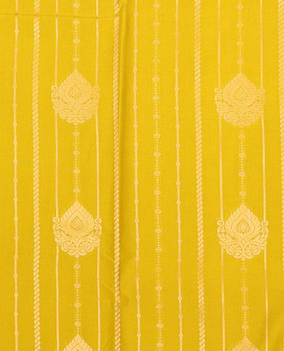 Mustard striped floral design art silk pavadai material with contrast traditional zari design border & zari design blouse