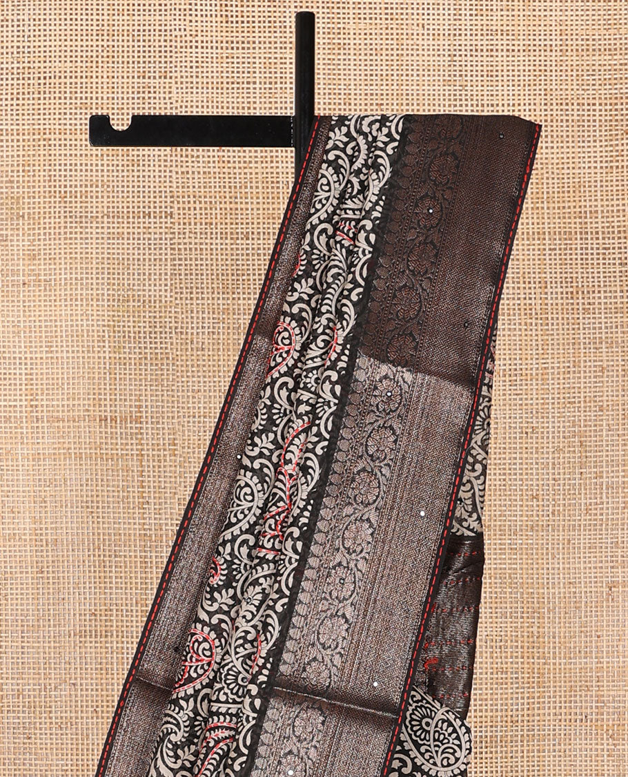 Black paisely design chanderi cotton saree with self zari design, sequins work border