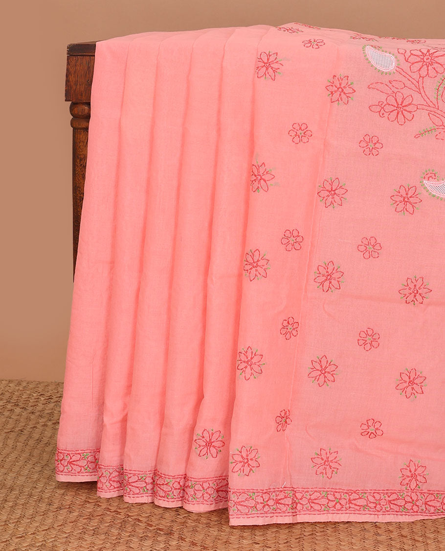 Red floral design thread embroidery chikankari cotton saree with self embroidery border