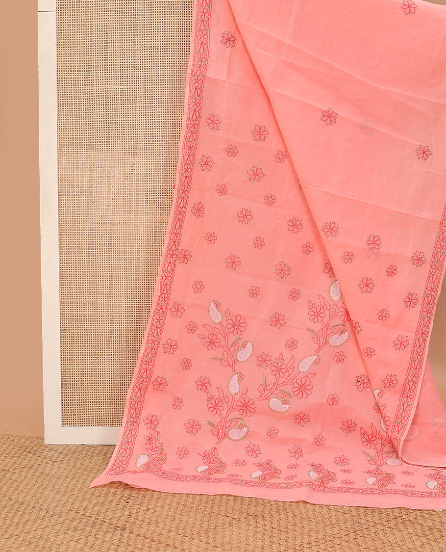 Red floral design thread embroidery chikankari cotton saree with self embroidery border