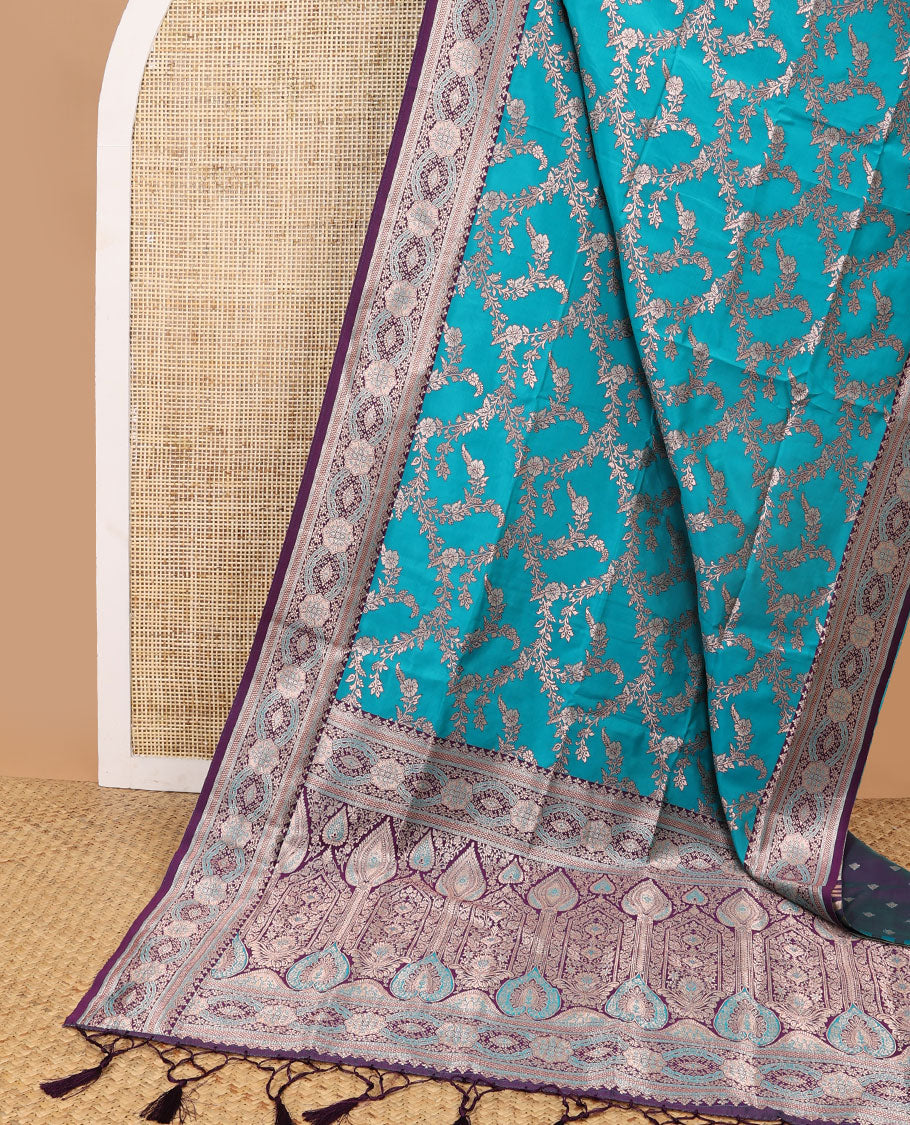 Sky blue floral jaal design butter silk saree with contrast intricate zari design border & floral design pallu