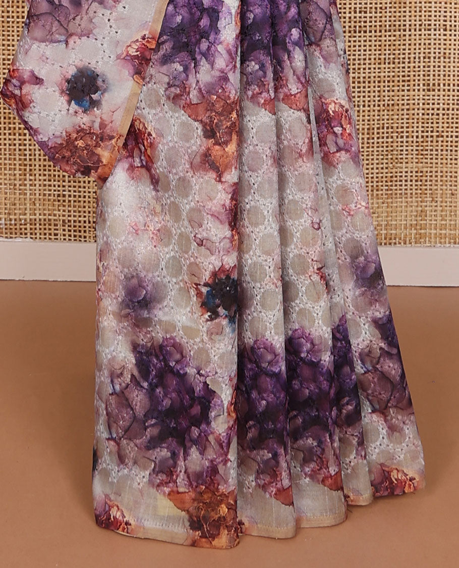 Borderless cream floral design, thread embroidery kamala silk saree with contrast plain blouse
