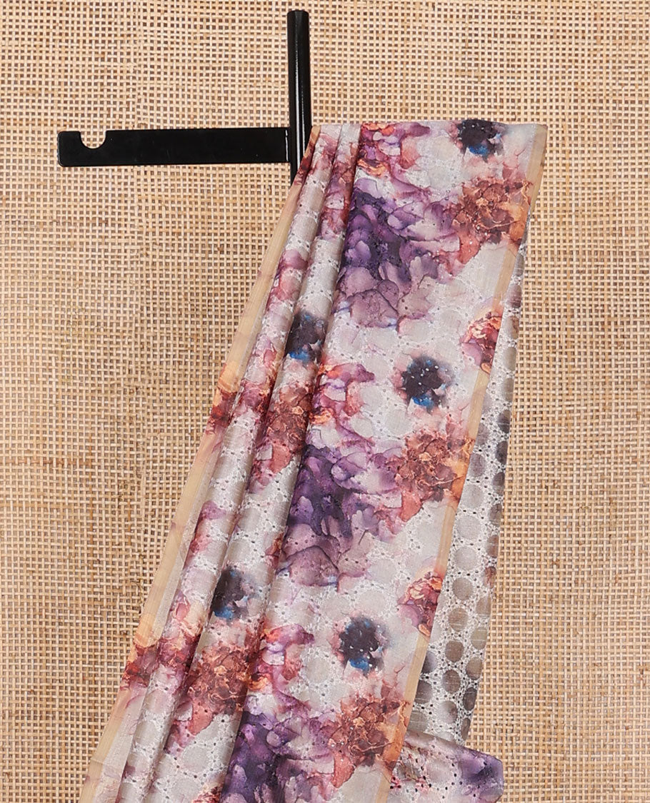 Borderless cream floral design, thread embroidery kamala silk saree with contrast plain blouse