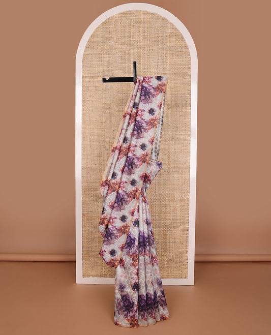 Borderless cream floral design, thread embroidery kamala silk saree with contrast plain blouse