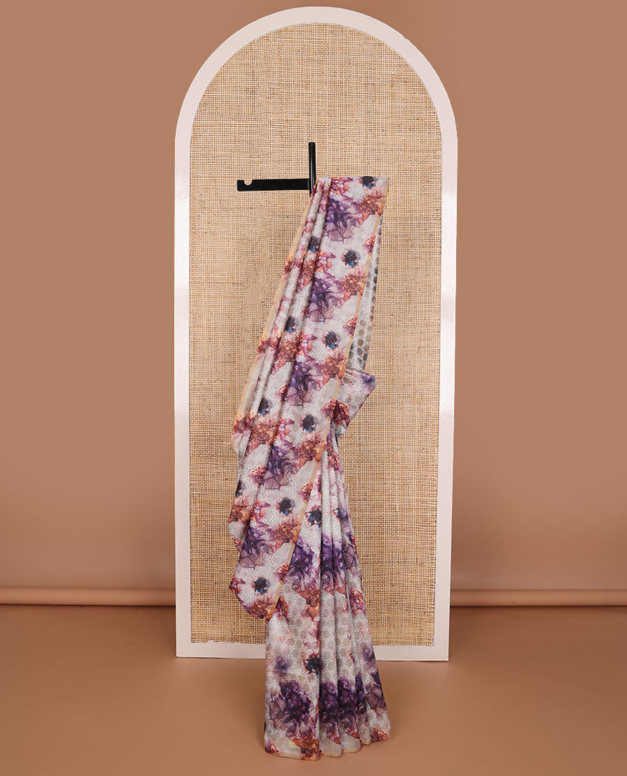 Borderless cream floral design, thread embroidery kamala silk saree with contrast plain blouse