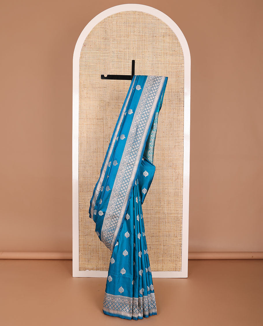 Blue motifs semi banaras satin saree with self floral design border & floral jaal design pallu