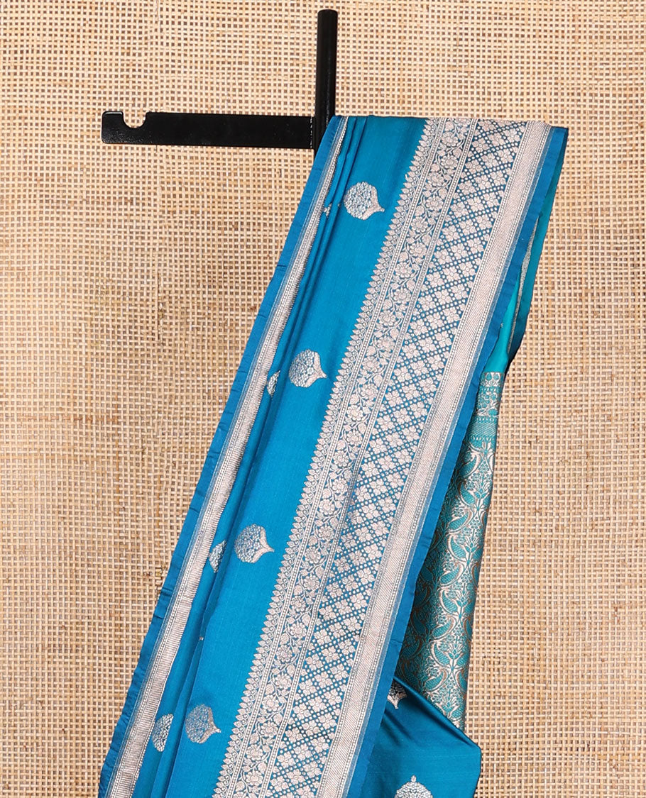 Blue motifs semi banaras satin saree with self floral design border & floral jaal design pallu