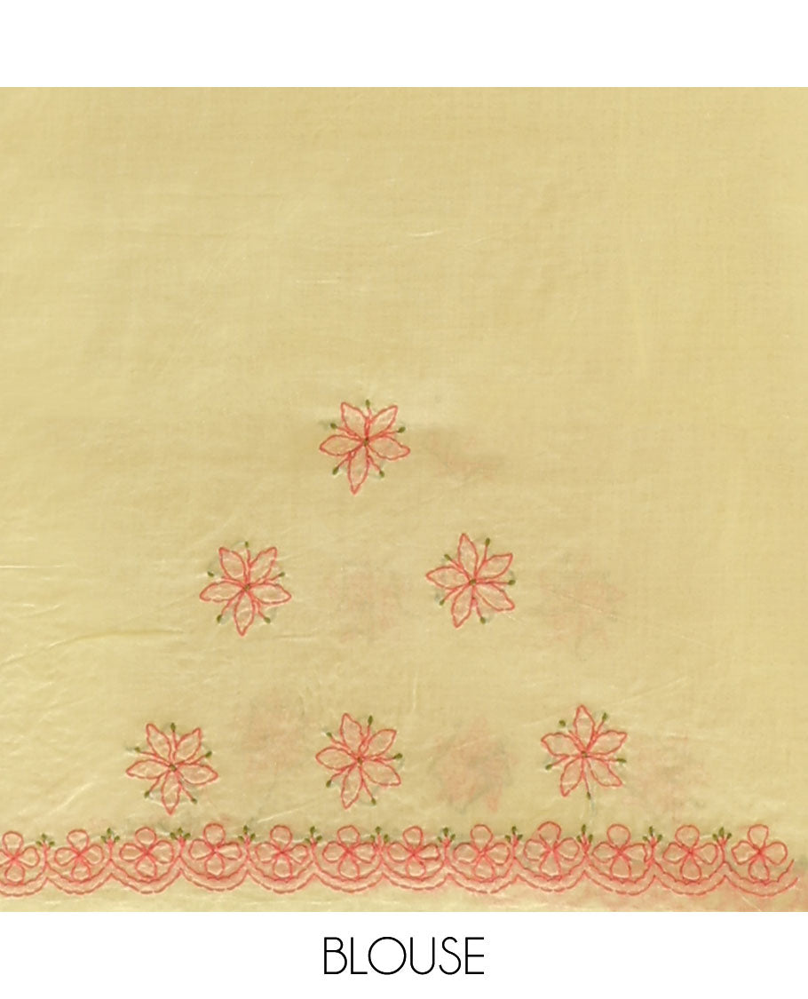 Lemon yellow floral thread embroidery chikankari cotton saree with self embroidery border