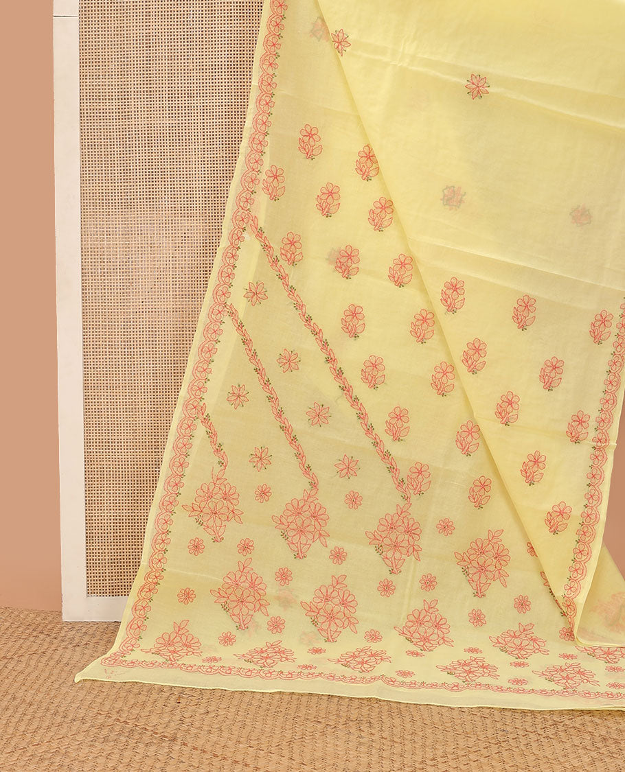 Lemon yellow floral thread embroidery chikankari cotton saree with self embroidery border