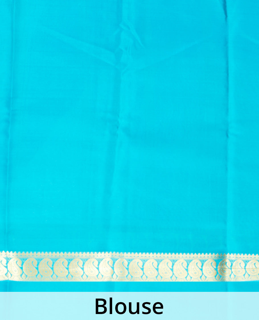 Pink Plain Mysore Silk Saree, Enthralled by a Contrast Zari Border of Paisley Designs, a Subtly Sparkled Pallu of Zari Stripes, and a Contrast Blouse