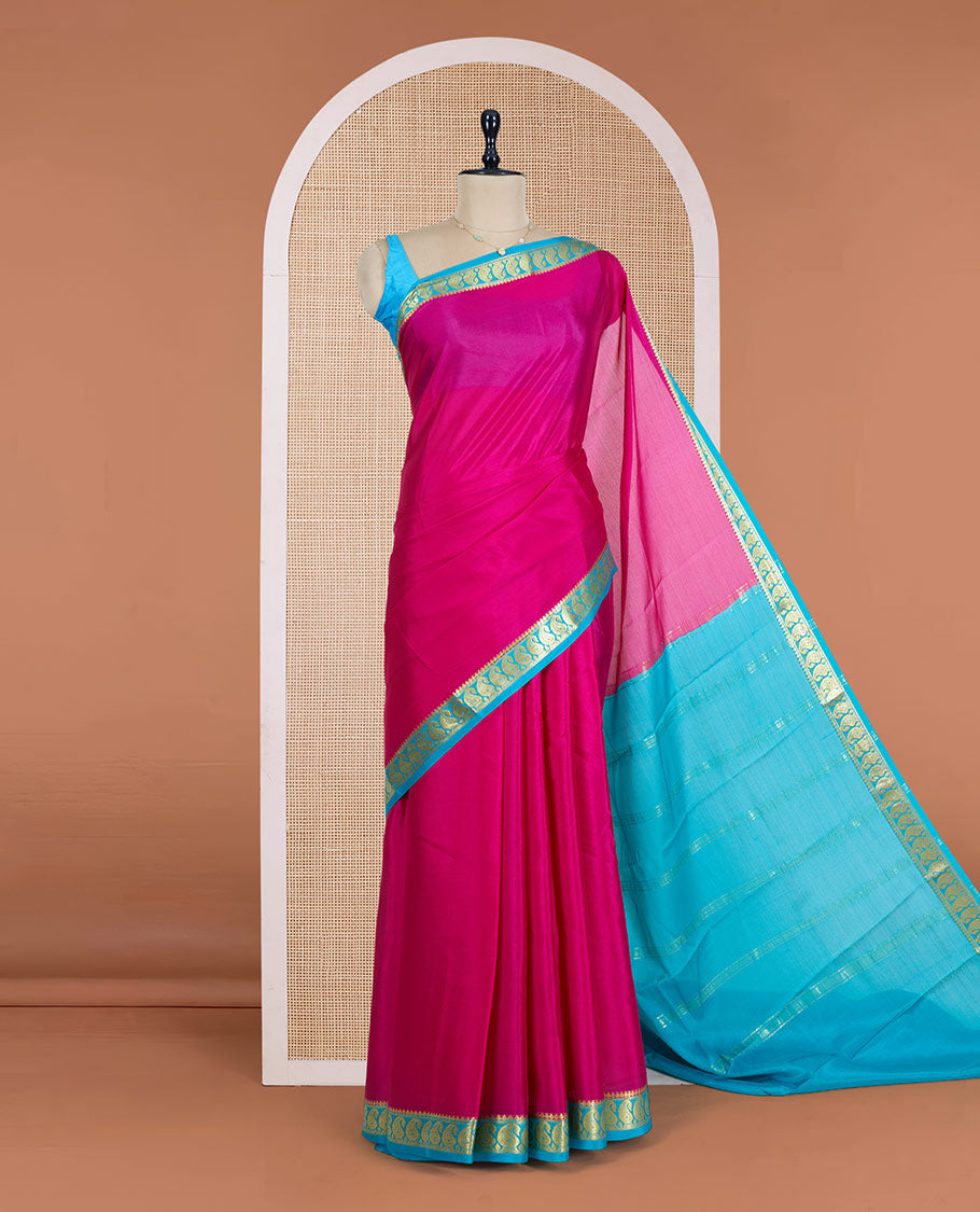 Pink Plain Mysore Silk Saree, Enthralled by a Contrast Zari Border of Paisley Designs, a Subtly Sparkled Pallu of Zari Stripes, and a Contrast Blouse