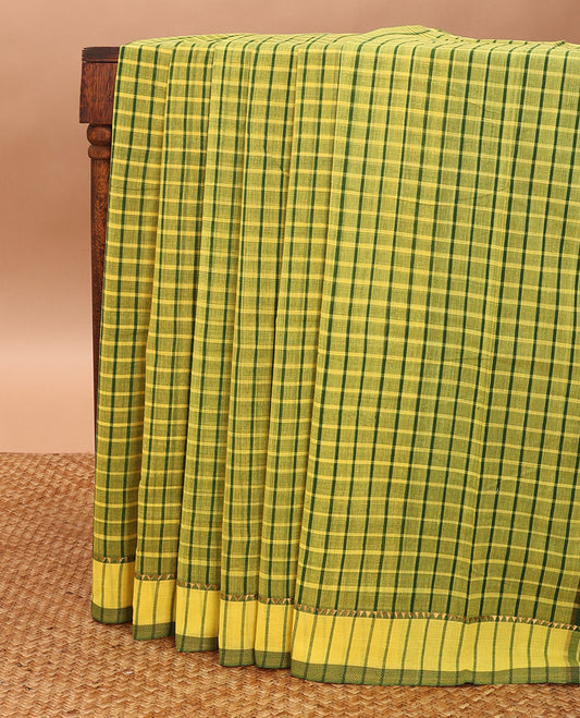 Green checked mangalgiri cotton saree with contrast temple border & pallu of checks