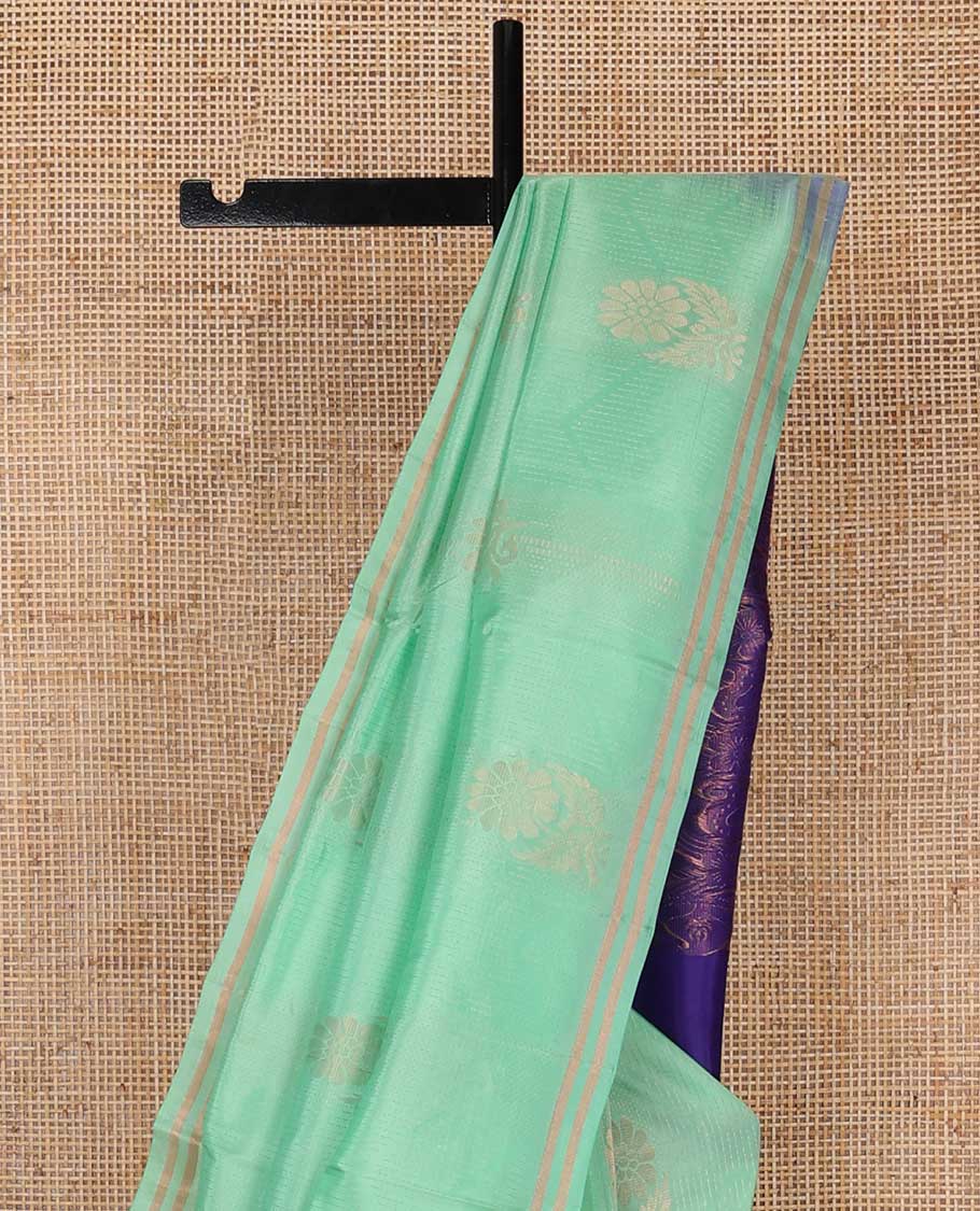 Sea green floral design uppada saree with self zari border & paisley design pallu