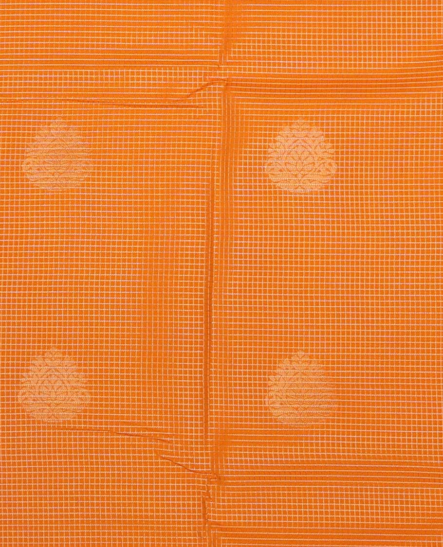 Orange checked, leaf design art silk pavadai material with contrast traditional zari design border & zari design blouse