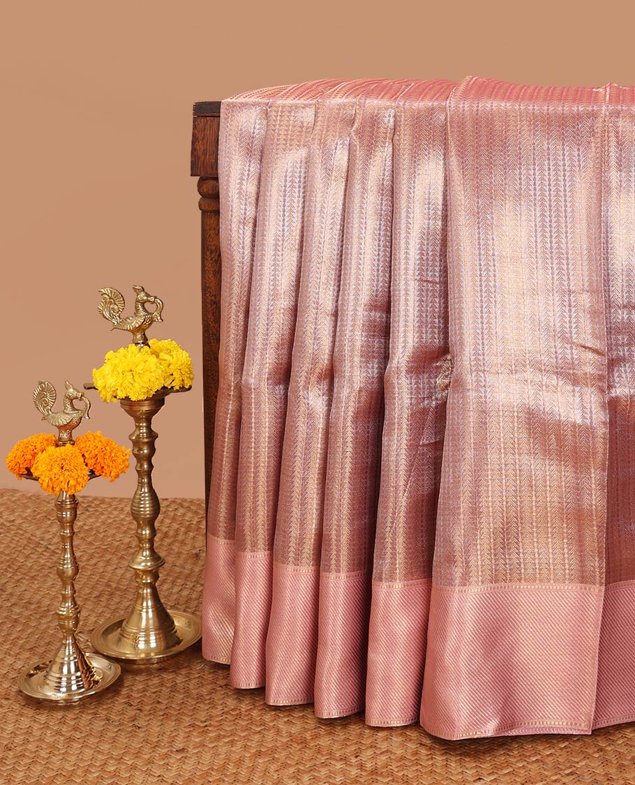 Gold pink jaal design tissue celebrity saree with zari border & brocade rich pallu along with brocade blouse