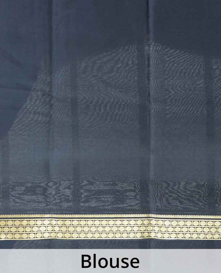 Parrot Green Plain Mysore Silk Saree, Complemented by a Contrast Zari Border of Traditional Designs, a Pallu Gleamed Up with Zari Stripes, and a Contrast Blouse